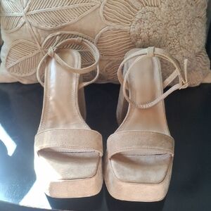 Bershka Beige Suede Platform Sandals with Ankle Strap